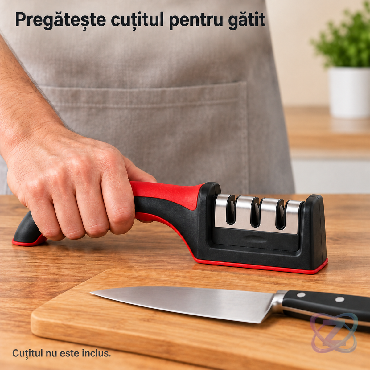Ascuțitor de Cuțite cu 3 Niveluri, cu Mâner Ergonomic și Bază Antialunecare, Negru/Roșu – lifestyle