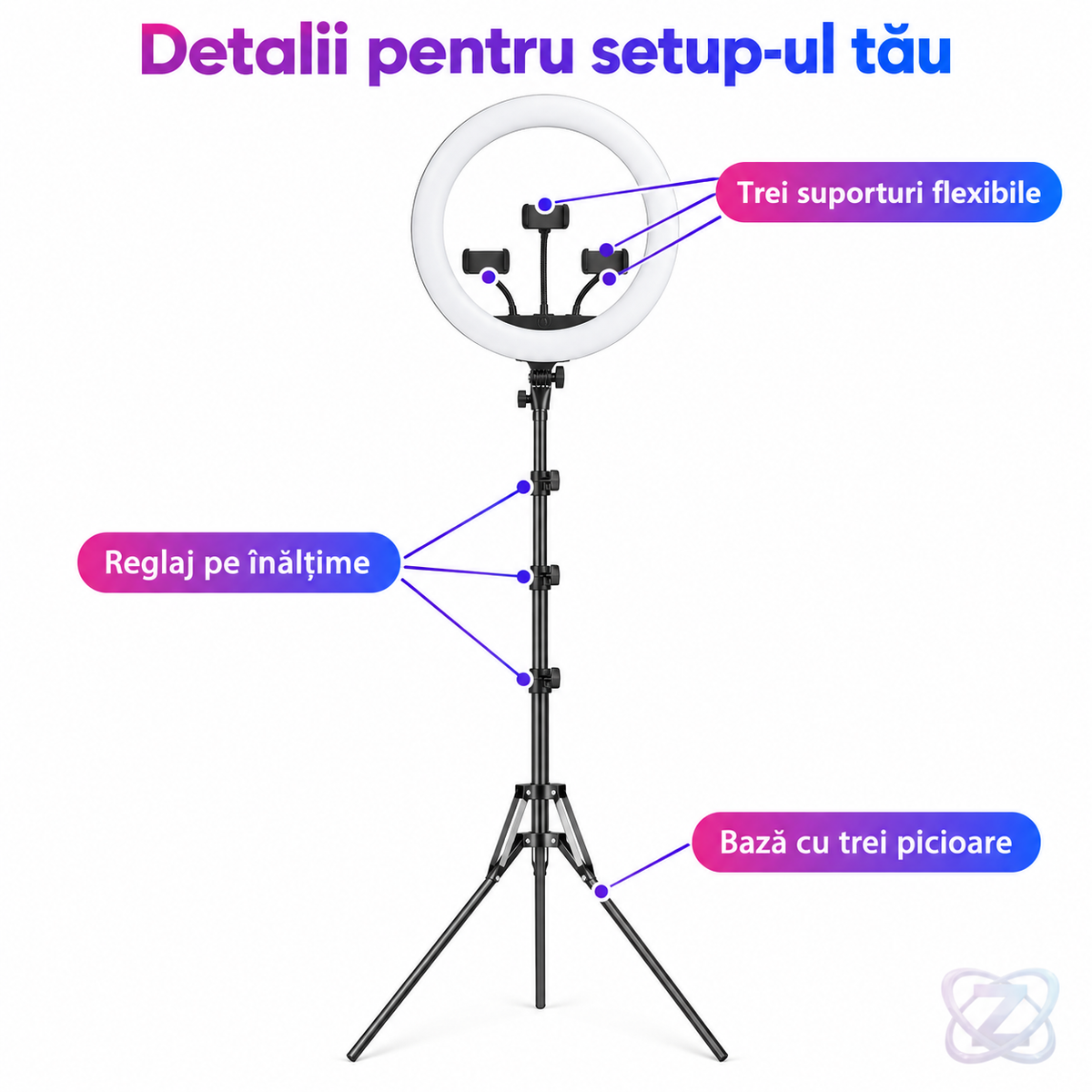 Lumină Circulară LED Selfie de 45 cm cu Trepied Reglabil 72-190 cm și Suport pentru 3 Telefoane – features