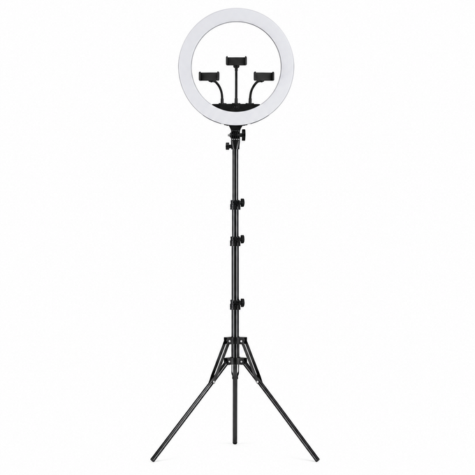 Lumină Circulară LED Selfie de 45 cm cu Trepied Reglabil 72-190 cm și Suport pentru 3 Telefoane