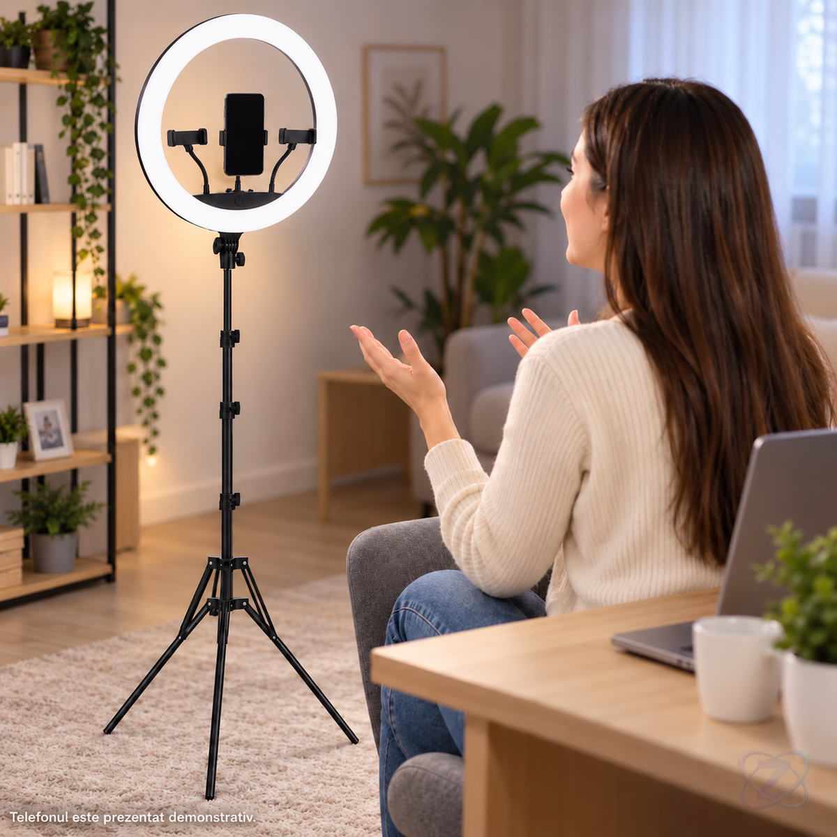 Lumină Circulară LED Selfie de 45 cm cu Trepied Reglabil 72-190 cm și Suport pentru 3 Telefoane – lifestyle