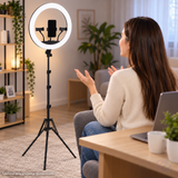 Lumină Circulară LED Selfie de 45 cm cu Trepied Reglabil 72-190 cm și Suport pentru 3 Telefoane