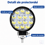 Proiector LED Rotund Off Road, 14 LED-uri, 18W, 1600 Lumeni, din Aluminiu