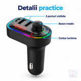 Modulator FM C12 Bluetooth 5.0 și Încărcător Auto cu 3 Porturi și Afișaj Digital