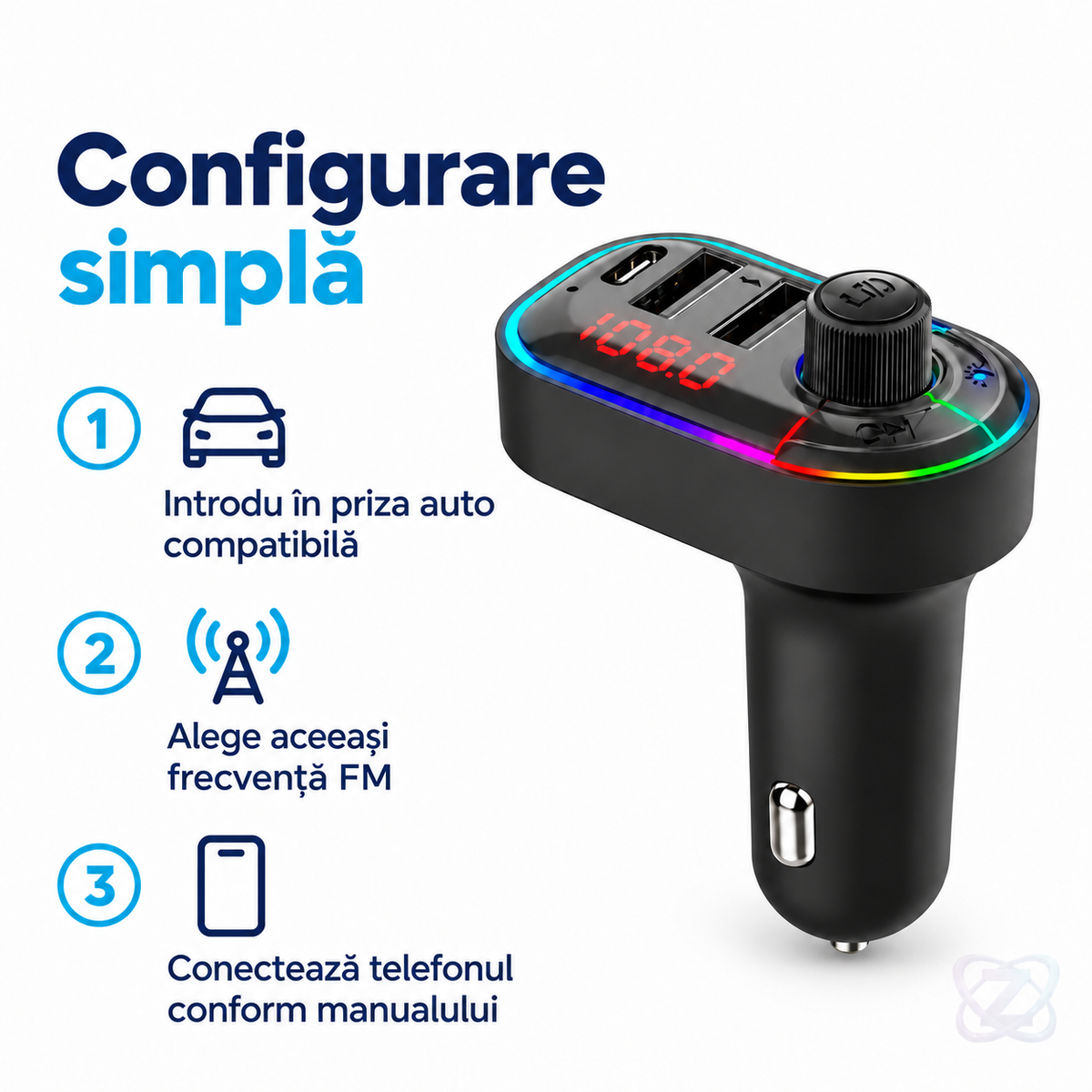 Modulator FM C12 Bluetooth 5.0, Transmițător FM și Încărcător Auto, cu 3 Porturi, Microfon, Afișaj Digital și Lumini RGB – instructions