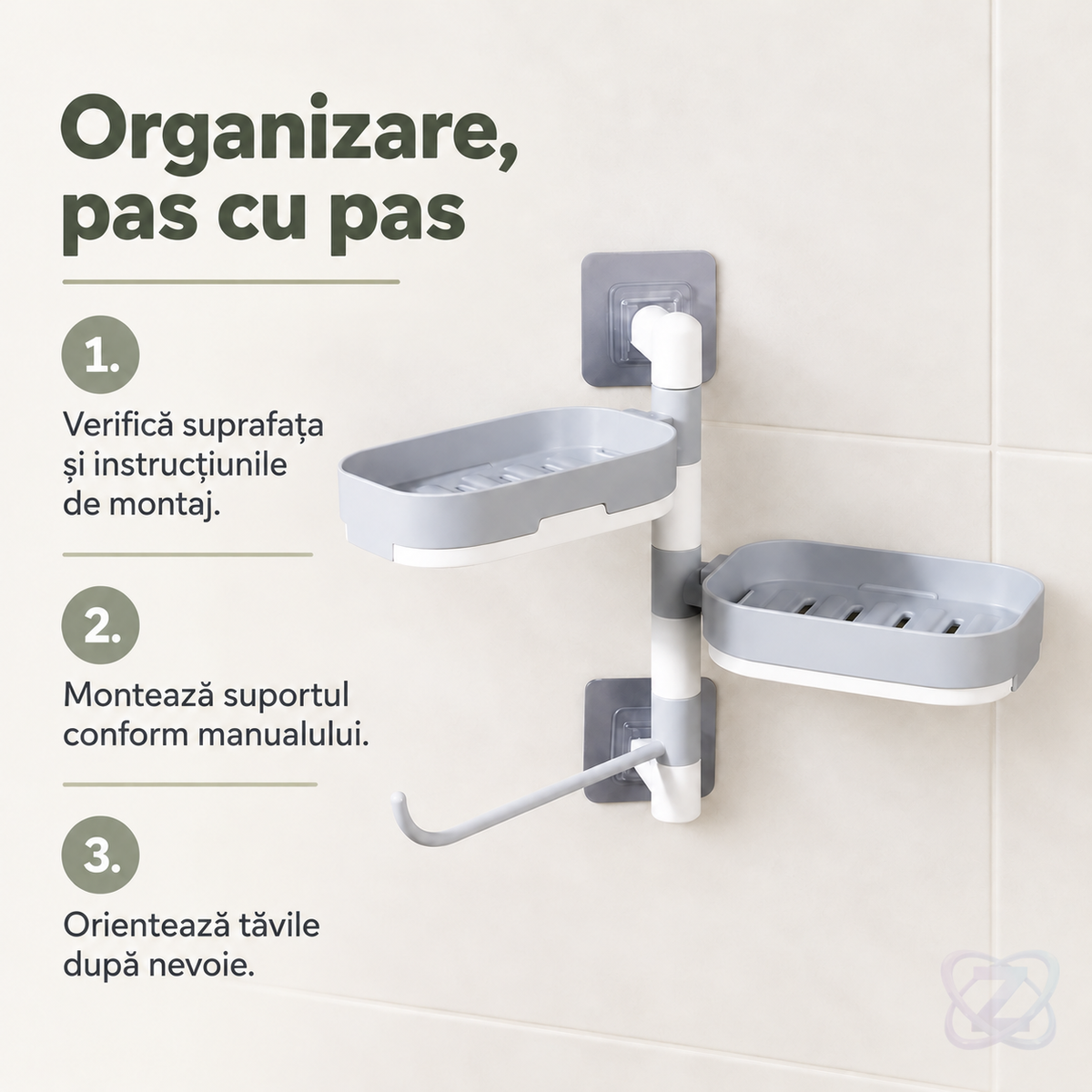 Suport Rotativ Multifuncțional pentru Baie, din Plastic Rezistent, fără Unelte – instructions