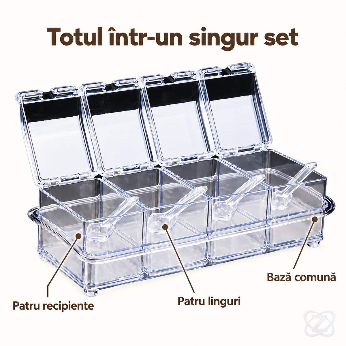 Set 4 Borcane Transparente pentru Condimente, cu 4 Linguri și Bază – features