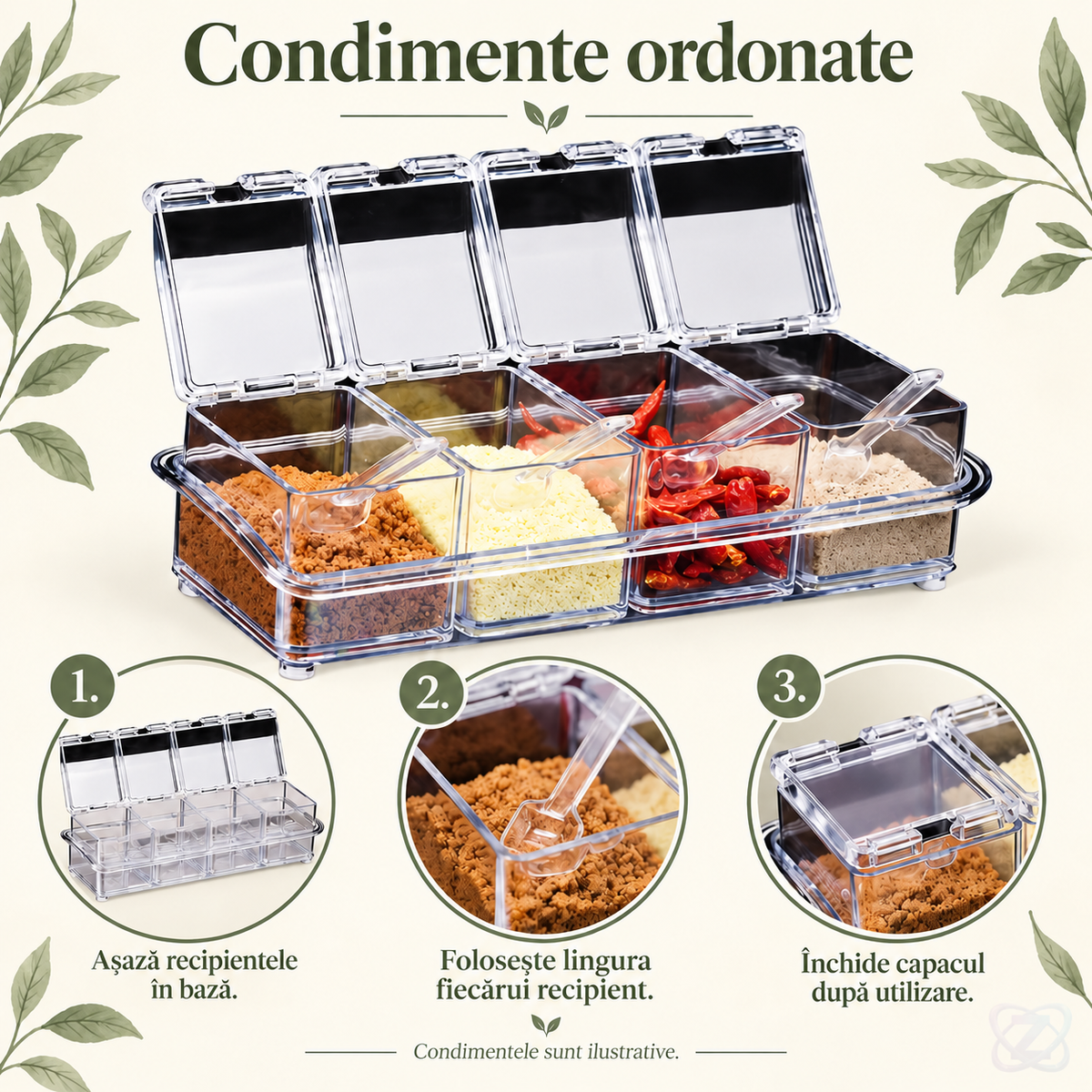 Set 4 Borcane Transparente pentru Condimente, cu 4 Linguri și Bază – instructions