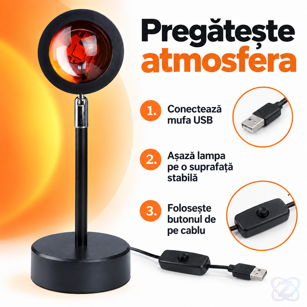 Lampă LED cu Proiecție de Apus de Soare, cu Cap Rotativ 180° și Alimentare USB – instructions