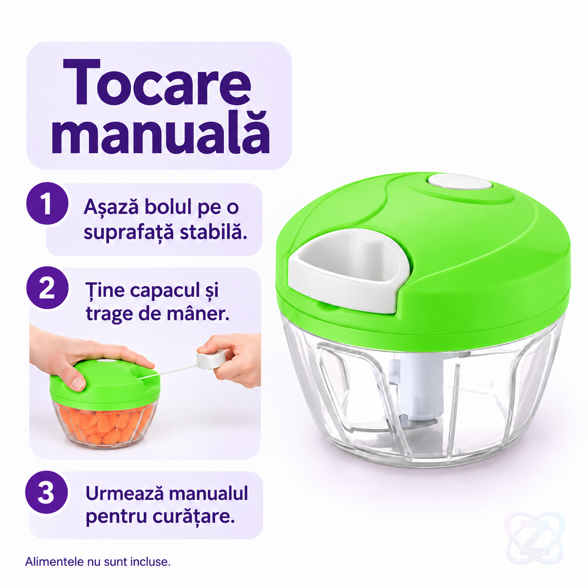 Tocător Manual pentru Legume, Fructe și Nuci, cu Franghie și Bol Transparent – instructions