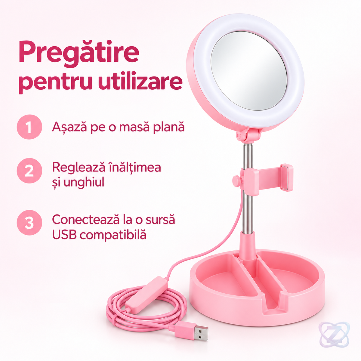 Lampă cu Inel LED de 17 cm cu Oglindă, Suport de Masă pentru Machiaj și Selfie, cu 3 Moduri de Lumină – instructions