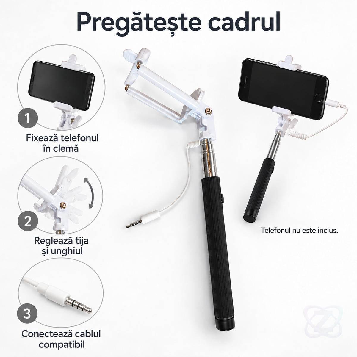 Stick Selfie cu Cablu, Extensibil 90 cm, cu Rotație de 235°, Negru – instructions