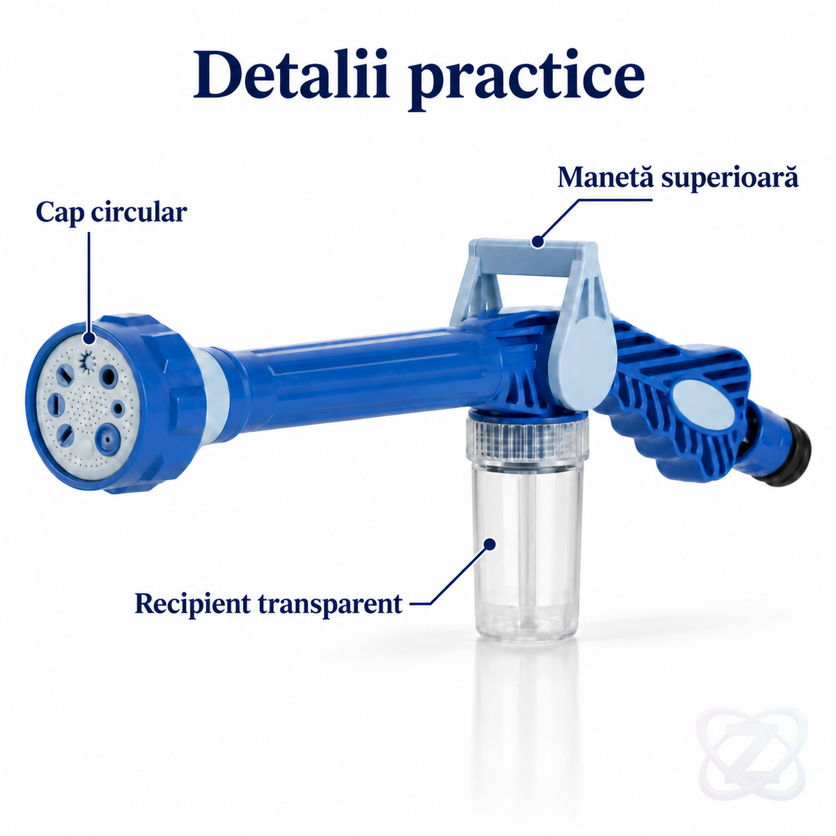 Pistol Water Zoom pentru Spălat și Stropit, cu 8 Tipuri de Jet și Dispersor de Săpun – features