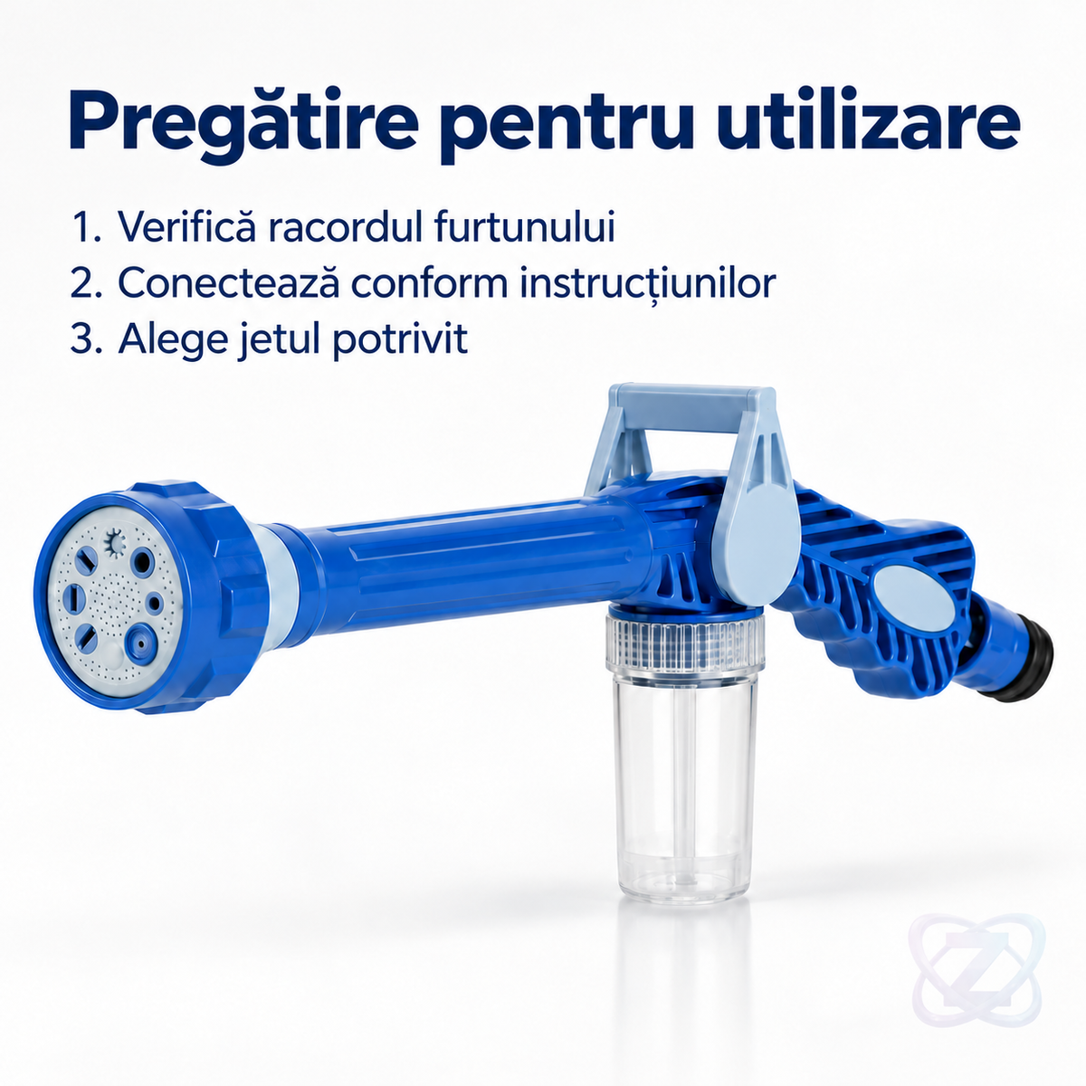 Pistol Water Zoom pentru Spălat și Stropit, cu 8 Tipuri de Jet și Dispersor de Săpun – instructions