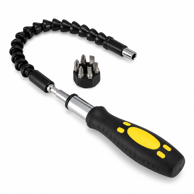 Șurubelniță cu Extensie Magnetică Flexibilă, Dielectrică, 29 cm, cu Mâner și Set de 6 Biți