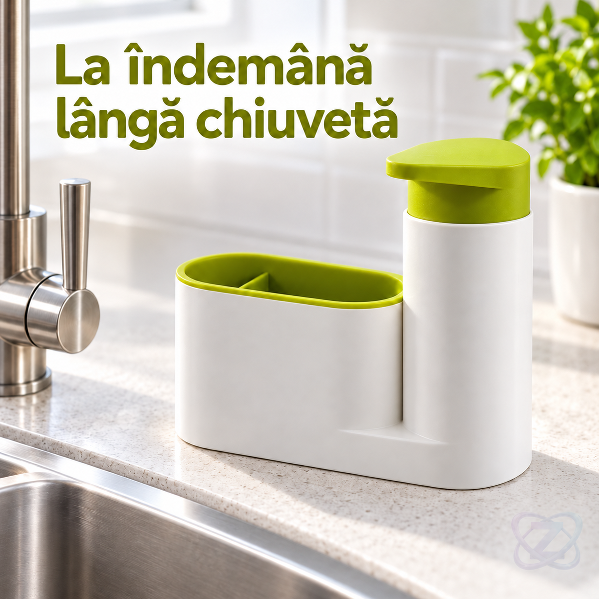 Organizator Chiuvetă Sink Tidy 2 în 1 cu Dozator de Săpun și Suport Bureți – lifestyle
