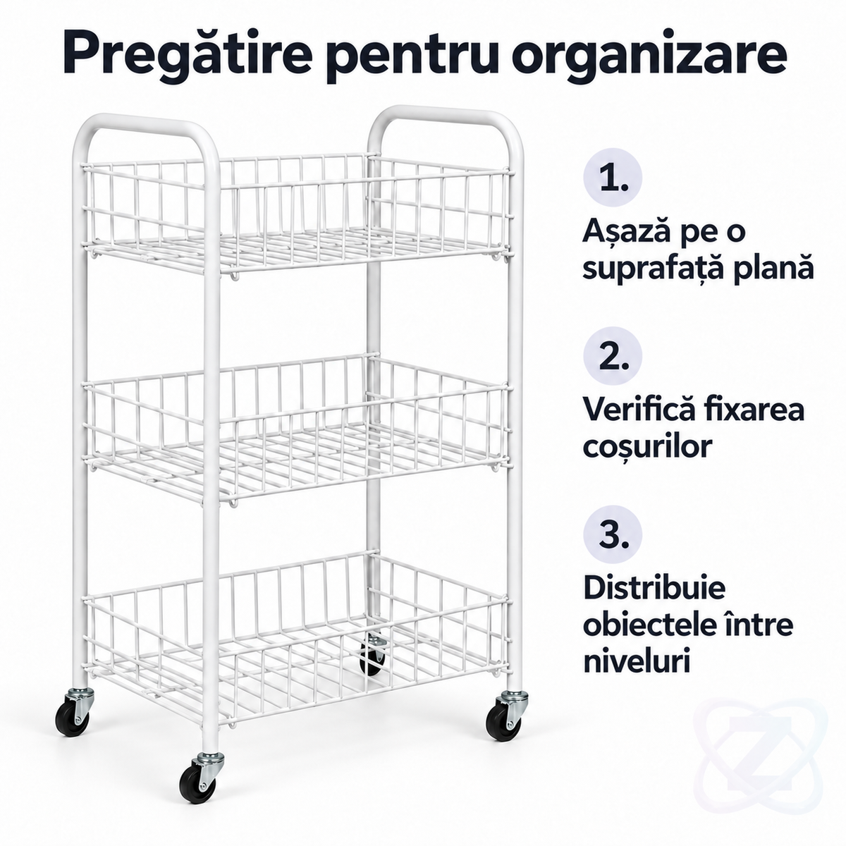 Cărucior de Depozitare cu 3 Coșuri, cu 3 Niveluri, pentru Fructe, Legume, Băuturi și Cărți – instructions