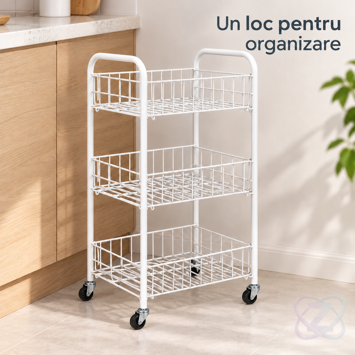 Cărucior de Depozitare cu 3 Coșuri, cu 3 Niveluri, pentru Fructe, Legume, Băuturi și Cărți – lifestyle