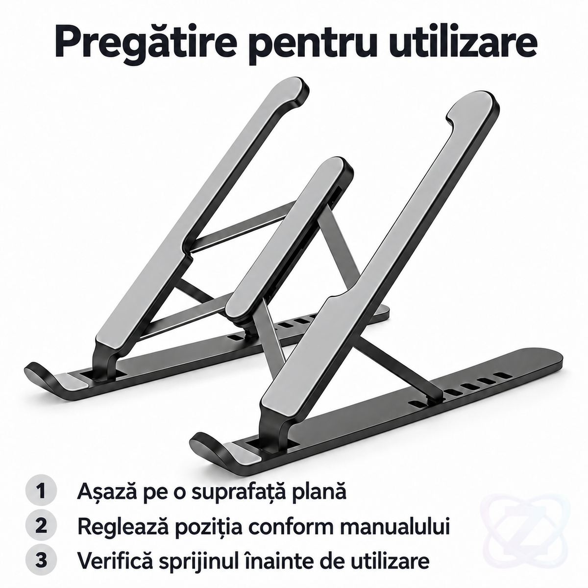 Suport Portabil pentru Laptop din Aliaj de Aluminiu, Reglabil și Pliabil, cu Plăcuțe Antiderapante – instructions