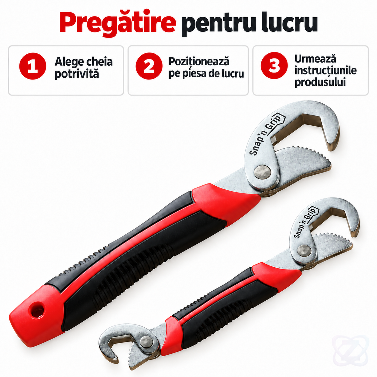 Set 2 Chei Universale Snap'n Grip, Roșu și Negru, cu Autoreglare pentru Șuruburi, Piulițe și Țevi – instructions