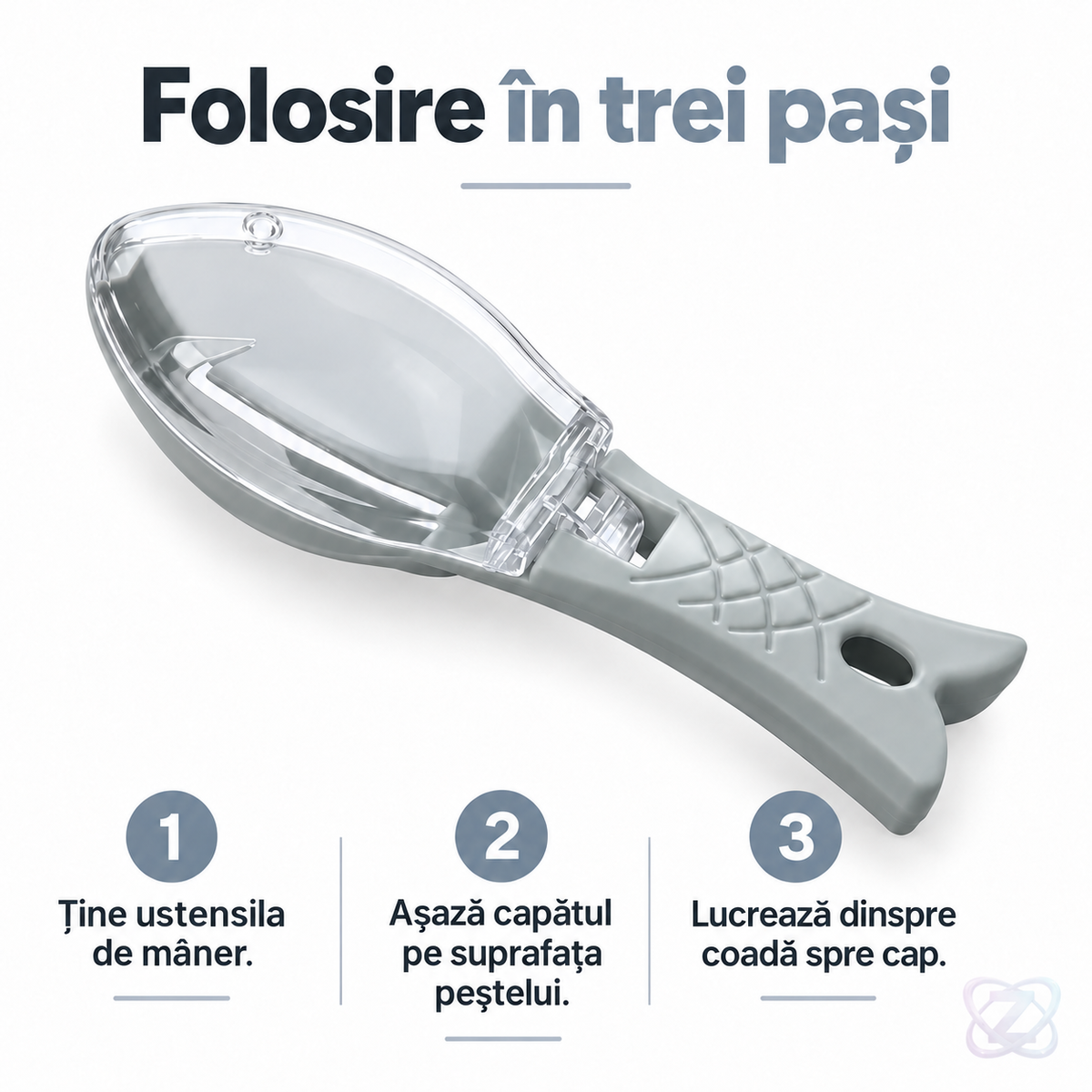Ustensilă pentru Curățat Solzi de Pește, cu Lamă din Plastic Dur și Compartiment pentru Solzi – instructions