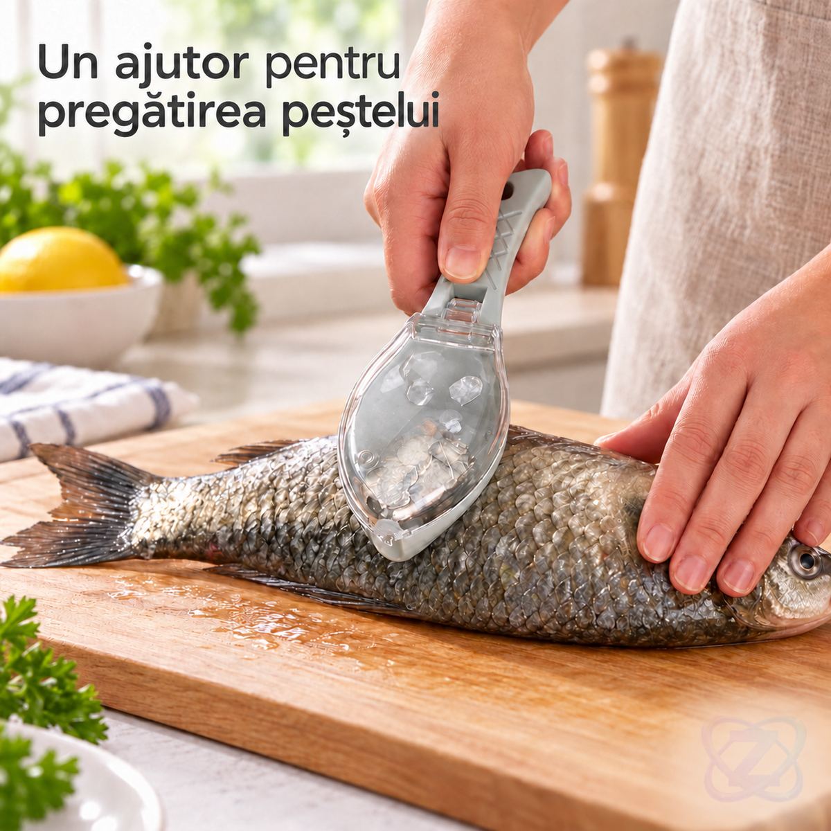 Ustensilă pentru Curățat Solzi de Pește, cu Lamă din Plastic Dur și Compartiment pentru Solzi – lifestyle