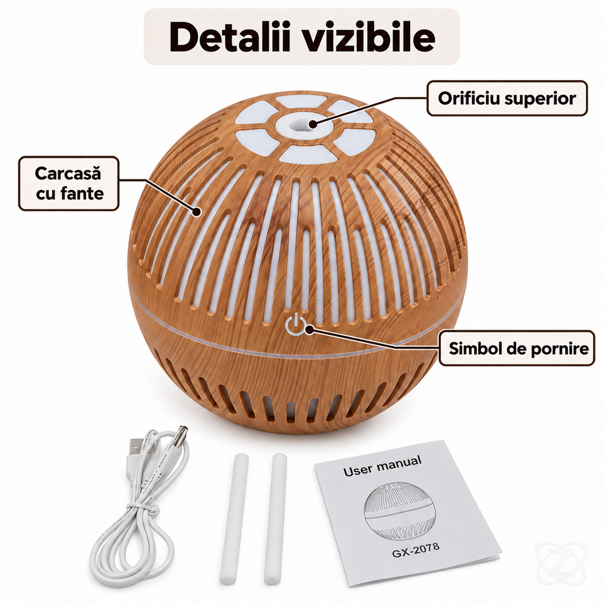 Difuzor de Aromaterapie și Umidificator cu Design din Stejar, LED Multicolor, USB – features