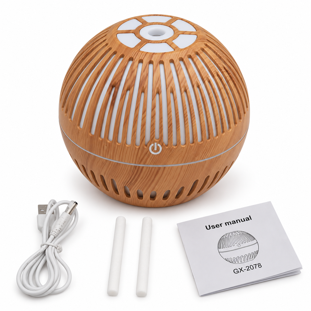 Difuzor de Aromaterapie și Umidificator cu Design din Stejar, LED Multicolor, USB