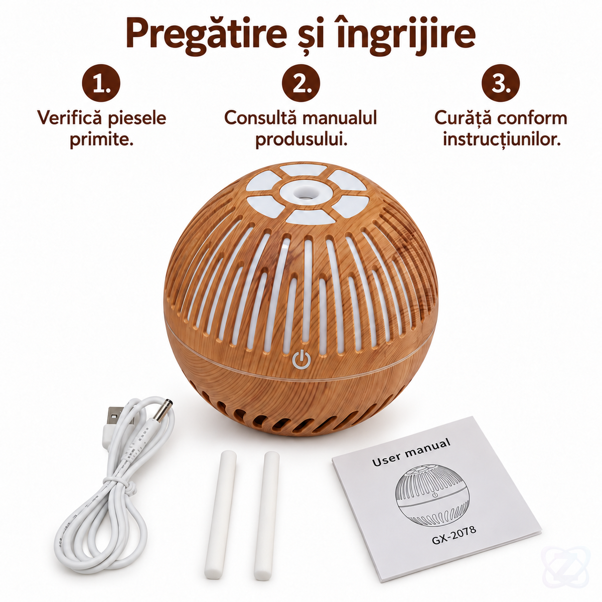 Difuzor de Aromaterapie și Umidificator cu Design din Stejar, LED Multicolor, USB – instructions