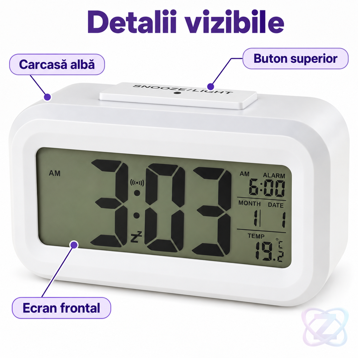Ceas Decorativ cu Alarmă și Termometru, cu Ecran LCD Iluminat și Funcție Snooze – features