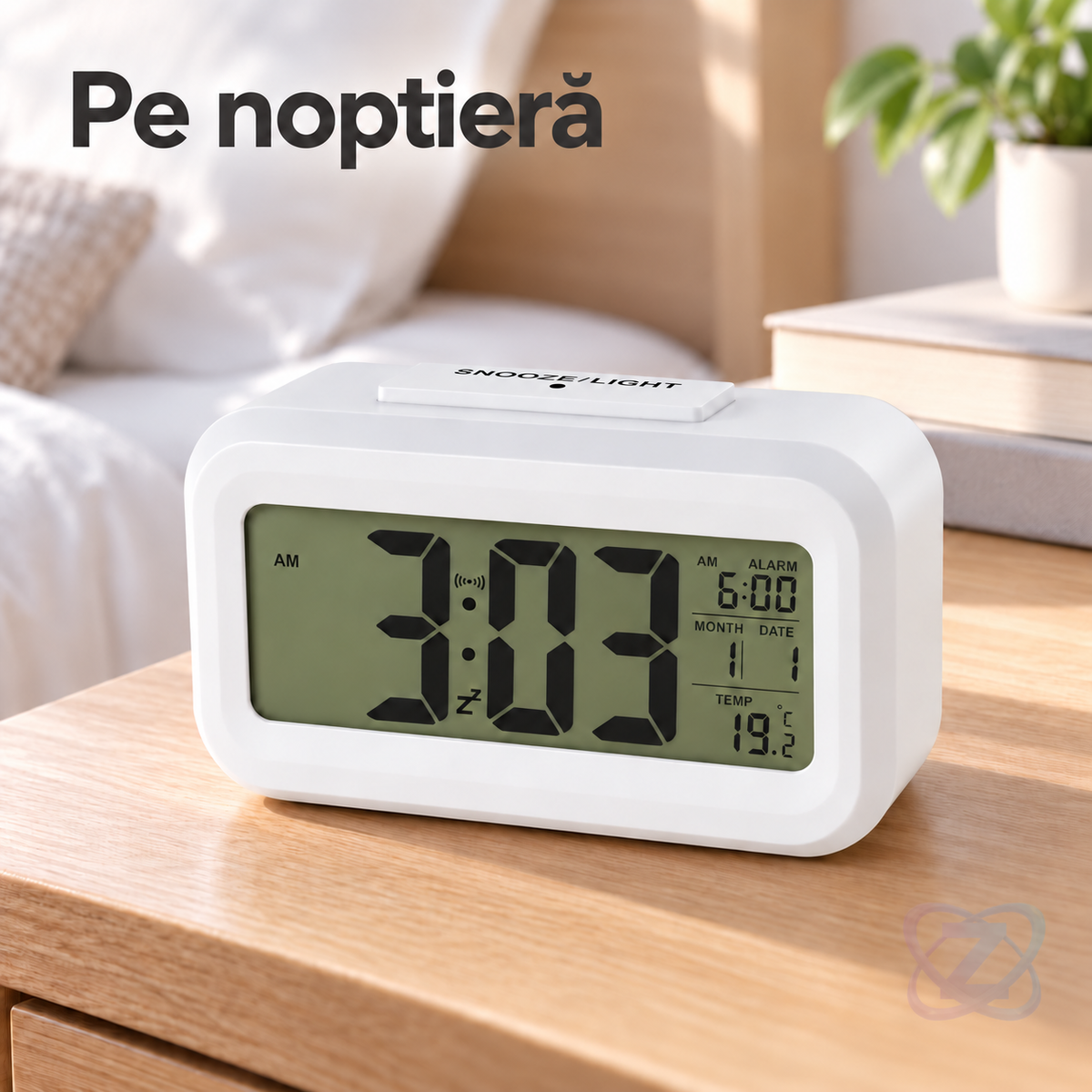 Ceas Decorativ cu Alarmă și Termometru, cu Ecran LCD Iluminat și Funcție Snooze – lifestyle