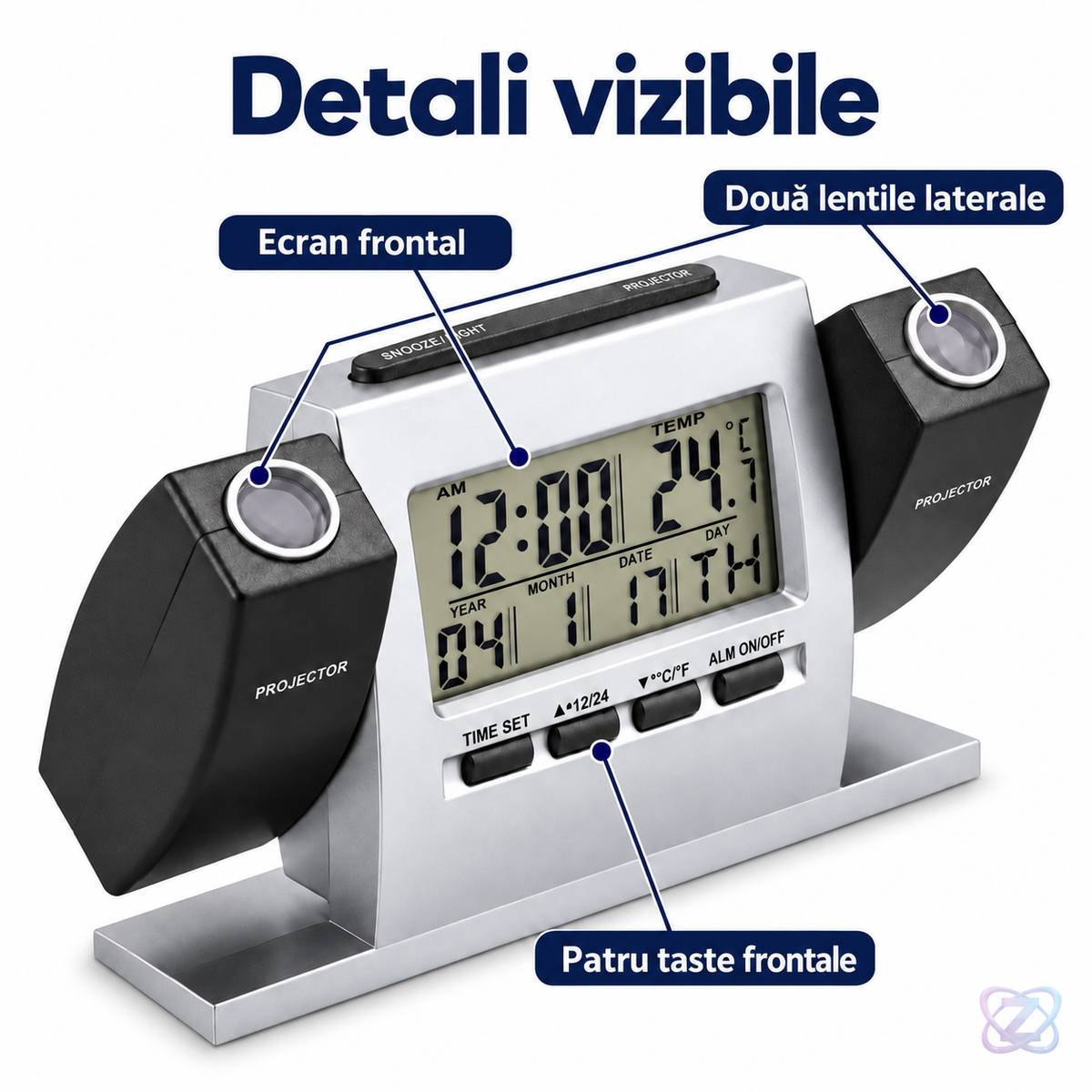 Ceas cu 2 Proiectoare și Stație Meteorologică, cu Ecran LCD Mare și Alarmă cu Snooze – features