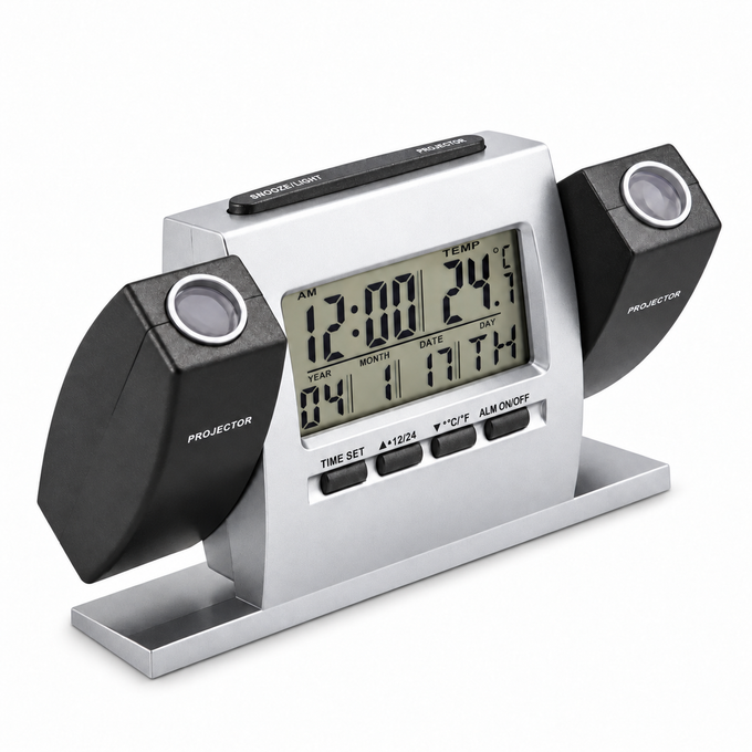Ceas cu 2 Proiectoare și Stație Meteorologică, cu Ecran LCD Mare și Alarmă cu Snooze