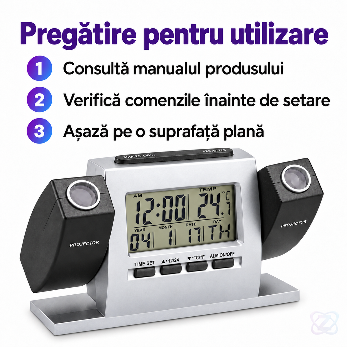 Ceas cu 2 Proiectoare și Stație Meteorologică, cu Ecran LCD Mare și Alarmă cu Snooze – instructions