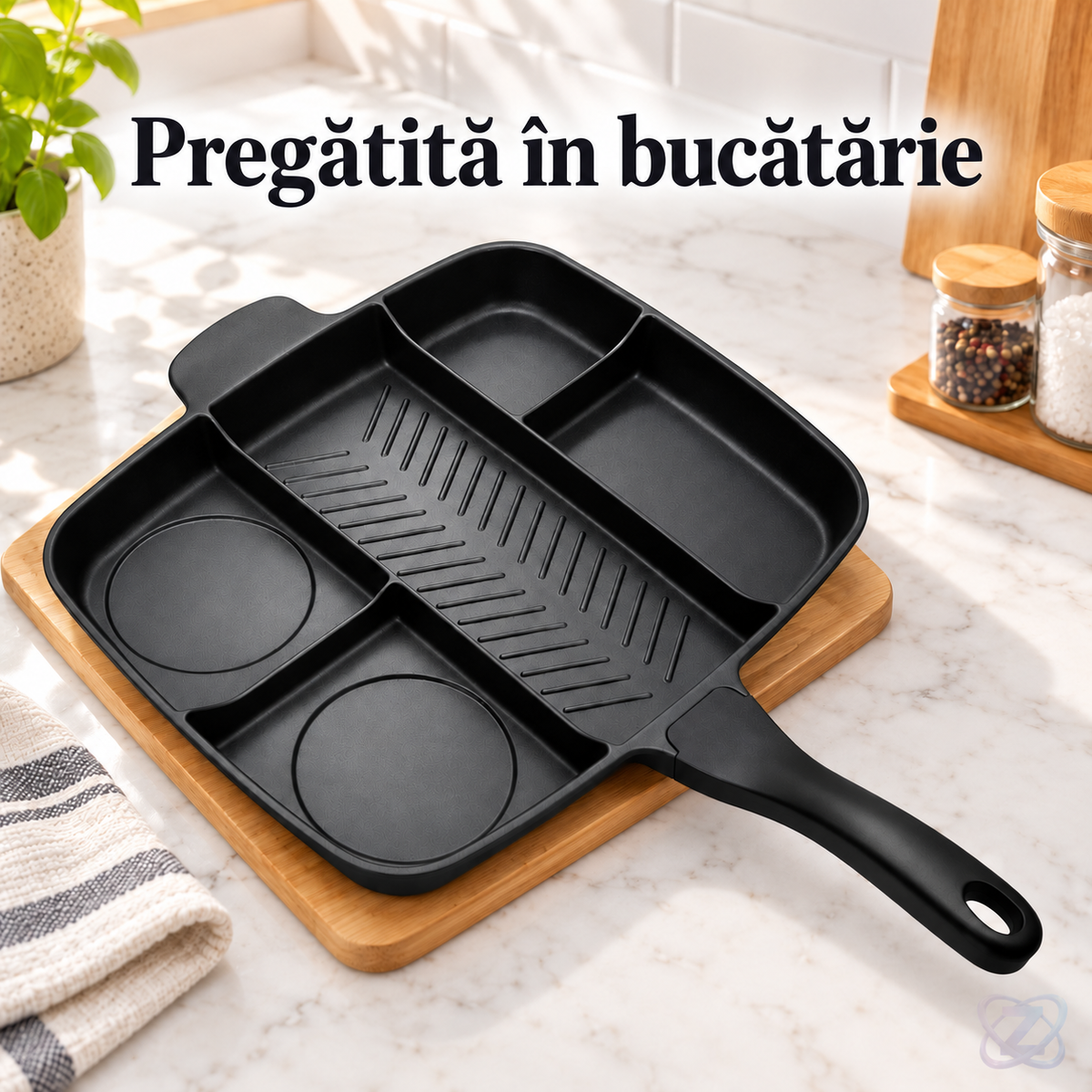 Tigaie Magică Multifuncțională 5 în 1, din Aluminiu, Antiaderentă, cu 5 Compartimente – lifestyle
