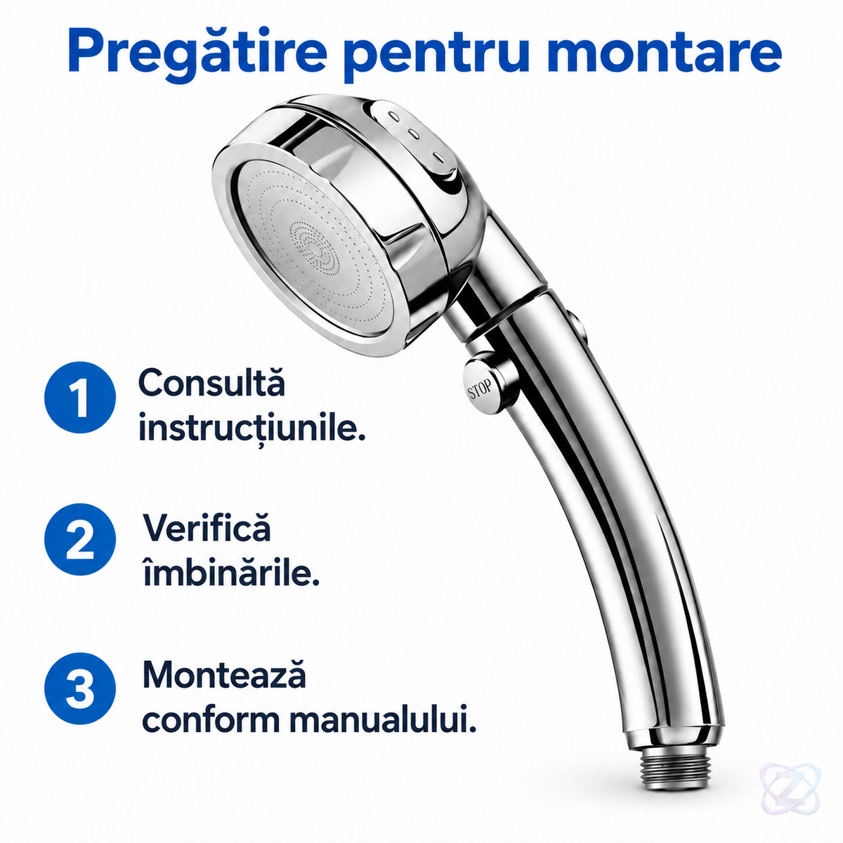 Cap de Duș cu 3 Setări și Buton ON/OFF, de Înaltă Presiune, Reglabil și Rotativ 360° – instructions