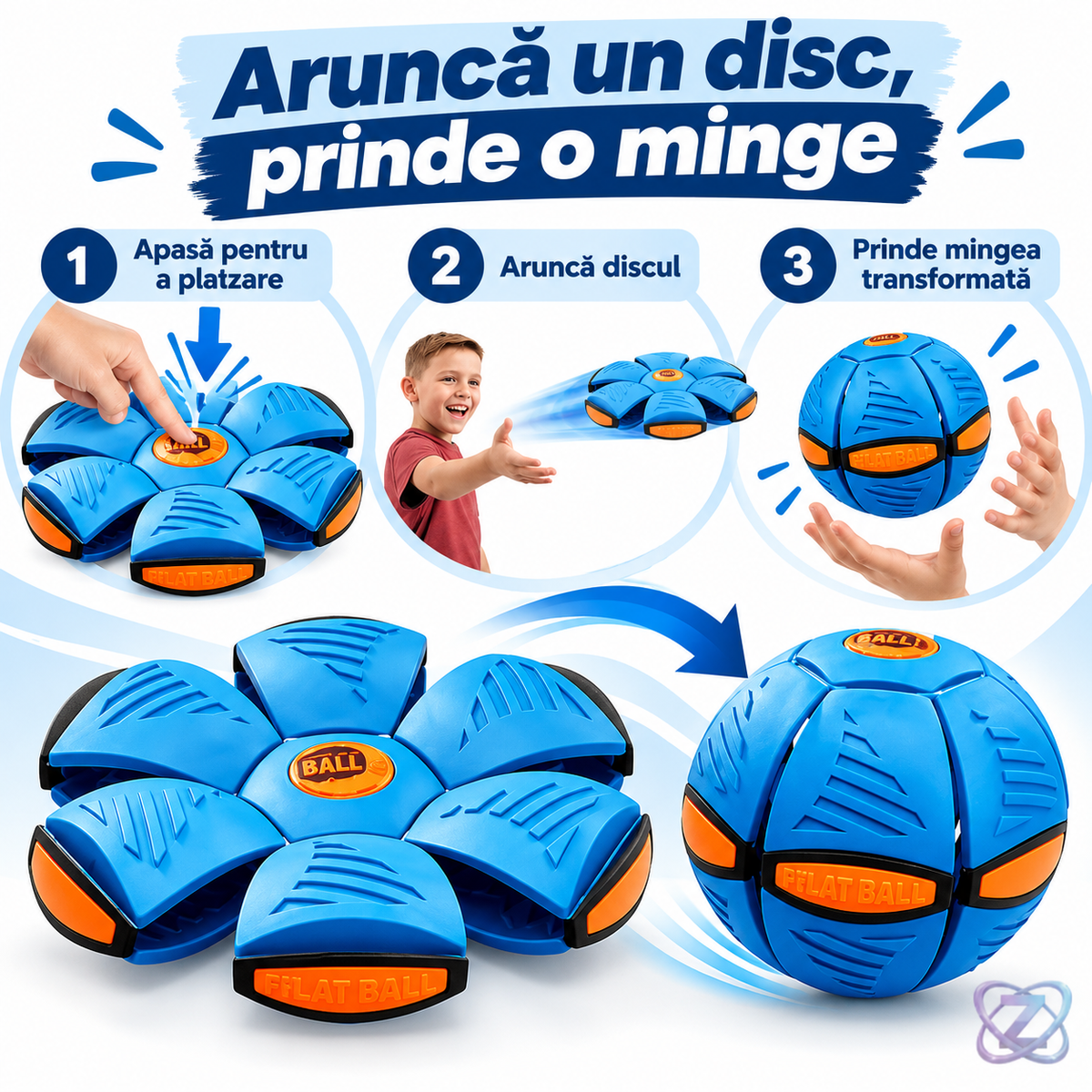 Flat Ball, jucărie transformabilă disc și minge – instrucțiuni