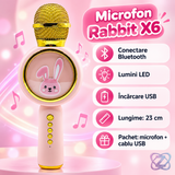 Microfon Karaoke Wireless Bluetooth Rabbit X6 pentru Copii, cu Boxă și Lumini, 5W