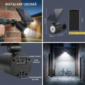 Cameră de Supraveghere Falsă Solară – Design Realist, Senzor de Mișcare PIR, LED Roșu Intermitent, IP44, Alimentare Solară, 11,7 × 9,1 × 17 cm