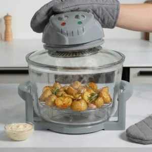 Cuptor cu Halogen 17 L Negru – 1400 W, Control Temperatură Reglabilă 65-250°C, Temporizator 60 Min, Capacitate Extinsă, Coacere Rapidă și Uniformă fără Ulei