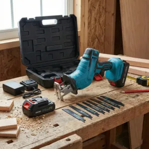 Fierăstrău Sabie Compact cu Acumulator 36V – 2 Baterii, Viteză Reglabilă, 4 Lame, Tăiere Lemn, Metal și Plastic, Geantă de Transport Inclusă