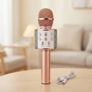 Microfon Karaoke Wireless pentru Copii cu Boxă Integrată 6W, Bluetooth 3.0, Funcții Bass, Treble și Echo, Autonomie 3-5 Ore, Design Compact și Ușor de Utilizat