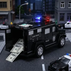 Pusculiță Electronică Mașină Blindată de Poliție cu PIN și Recunoaștere Amprentă – Protecție Avansată, Lumini și Semnale, Depozitare Bani și Bancnote, Ideală pentru Copii, Plastic Negru, Dimensiuni 27x11.5x13 cm