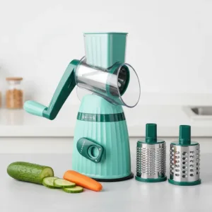 Răzătoare multifuncțională cu 3 lame rotative inox și 2 accesorii pentru ras și feliat legume, design compact și ușor de curățat