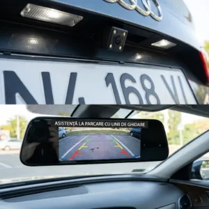 Oglindă Retrovizoare cu Cameră Auto Full HD – Unghi 120°, Senzor Mișcare, LED Noapte, Montaj Peste Oglinda Originală, Alimentare 12V, Compatibilă microSD până la 32GB