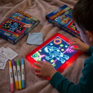Planșă Magică pentru Desenat cu LED – 8 Efecte Luminoase Colorate, Ecran Transparent, 14 Schițe de Desen, 4 Carioci Fluorescente și Design Portabil: Universul Creativității și al Învățării fără Mizerie în Casa Ta