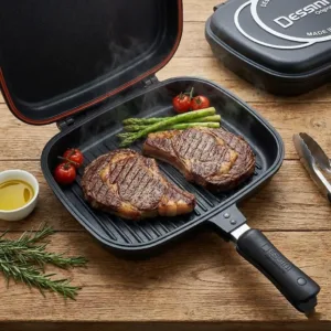 Tigaie Dublă Gourmet Evolution 36 cm – Suprafață Antiaderentă Grill și Clasică, Aluminiu Turnat, Strat Non-Stick Marmorat, Mâner cu Magnet și Garnitură Silicon: Excelență Culinară, Gătire Fără Fum și Versatilitate Profesională