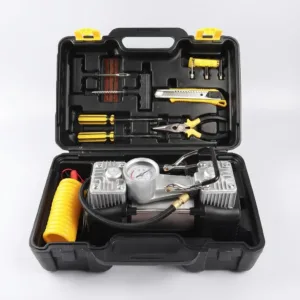 Kit Reparație Pană Auto cu Compresor Puternic 12V – 2 Cilindri, 7 Accesorii, Debit 40 l/min, Furtun 5m și Manometru Integrat: Soluția Completă pentru Siguranță și Mobilitate