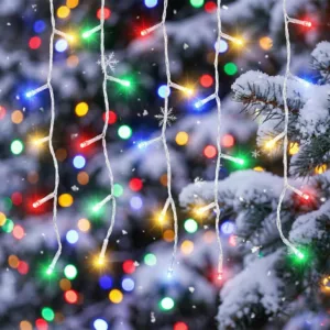 Set 3 Instalații Franjuri Multicolor pentru Crăciun – 3 x 13 m, Total 39 m, 300 LED-uri Tip Turturi, Perdea Luminoasă Interconectabilă, Interior și Exterior