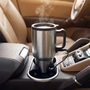 Cană Auto Termoizolantă 450 ml din Inox – Conectare la Bricheta Mașinii 12V, Pereți Dubli, Capac cu Orificiu pentru Băut și Mâner Ergonomic: Cafea și Ceai Mereu Calde în Orice Călătorie