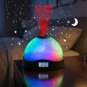 Ceas Digital cu Proiecție Ora și Stele pe Tavan – Lampă de Veghe cu LED în 3 Culori, Joc de Lumini Curcubeu, Design Rotund și Portabil: Atmosferă Magică și Somn Liniștit pentru Camera Copilului